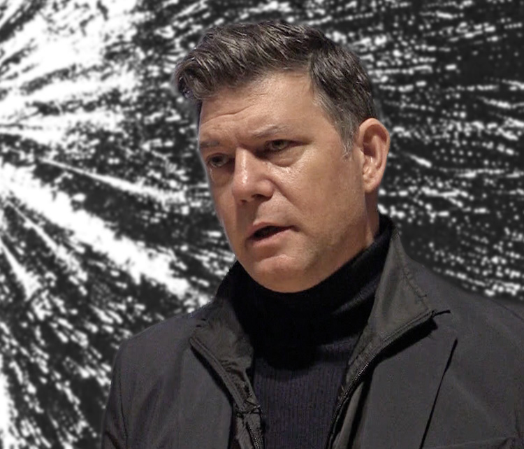 Leo Villareal talking to Studio International at the opening of his first solo show at Pace, London, 21 November 2019. Photo: Martin Kennedy.