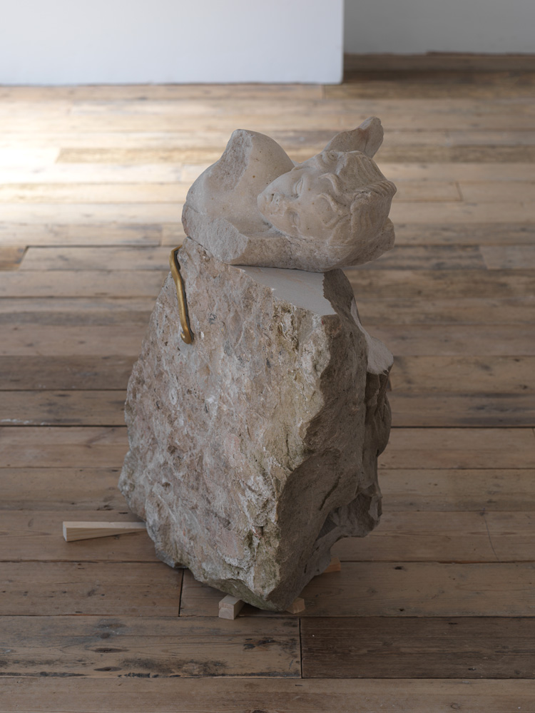 Danh Vo, Untitled, 2018. Marble Eros (Western Europe, 2nd century), sandstone eagle (Germany, late 19th century), brass, chromogenic print. Installation view at South London Gallery, 2019. Courtesy the artist. Photo: Nick Ash.