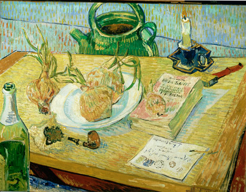 Vincent van Gogh. Still-life around a Plate of Onions, early January 1889. Oil on canvas, 49.6 x 64.4 cm. Kroller-Muller Museum, Otterlo, The Netherlands.