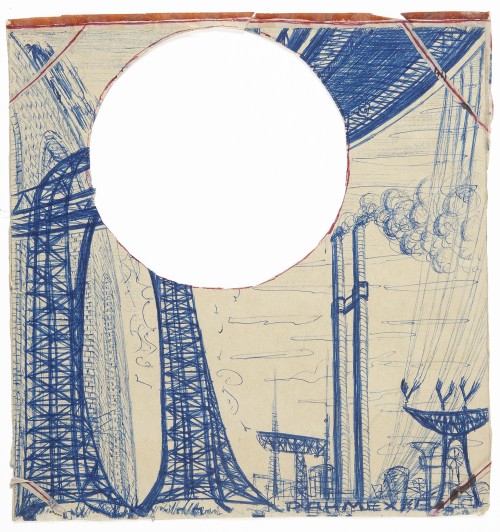 Willem van Genk. Untitled (Industry). Ballpoint pen on paper, 8 ½ x 8 in (21.5 x 20.3 cm). Collection Museum Dr Guislain, Ghent. Photograph: Guido Suykens, Ghent.