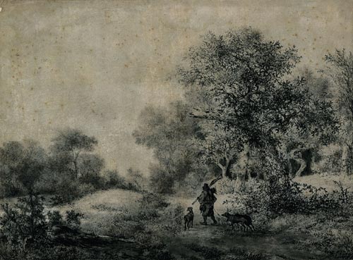Jacob van Ruisdael. Hunter with Three Dogs Entering a Wood, 1646. Black chalk, brush, pen and grey wash. 28.4 x 38.5 cm. Staatliche Museen zu Berlin, Kupferstichkabinett. Photo © Bildarchiv Preussischer Kulturbesitz.