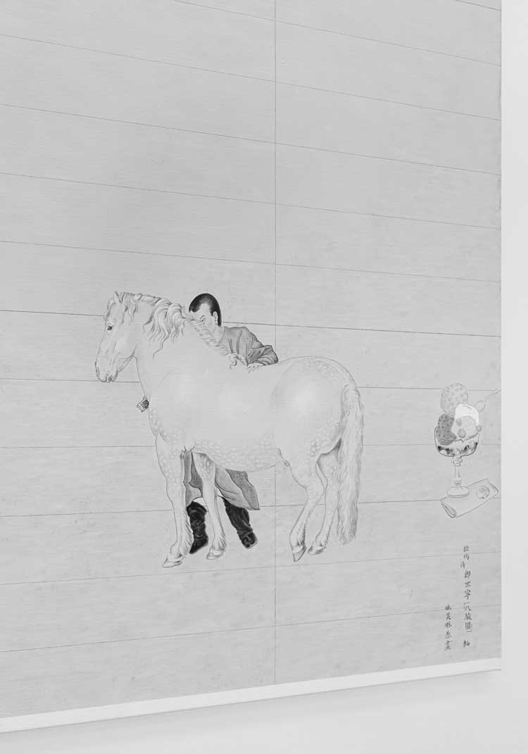 Evelyn Taocheng Wang, Giuseppe Castiglione's White Horse with Bolzano Ice-cream and Imitation of Agnes Martin, 2026 (detail). Acrylic colour, pencil, pencil fixation medium, gesso on canvas. 185 x 185 x 2,5 cm. © Evelyn Taocheng Wang, courtesy the artist; Antenna Space, Shanghai; Carlos/Ishikawa, London. Exhibition view, Evelyn Taocheng Wang. Sweet Landscape, Museion, 2026. Photo: Luca Guadagnini.