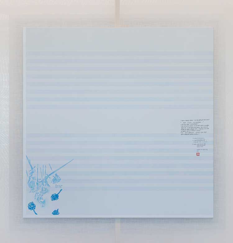 Evelyn Taocheng Wang, Runkelstein Castle Fresco Theme in Delft-blue and Imitation of Agnes Martin, 2026. Acrylic colour, pencil, pencil fixation medium, gesso on canvas. 155 x 155 x 2,5 cm. © Evelyn Taocheng Wang, courtesy the artist; Antenna Space, Shanghai; Carlos / Ishikawa, London. Exhibition view, Evelyn Taocheng Wang. Sweet Landscape, Museion, 2026. Photo: Luca Guadagnini.