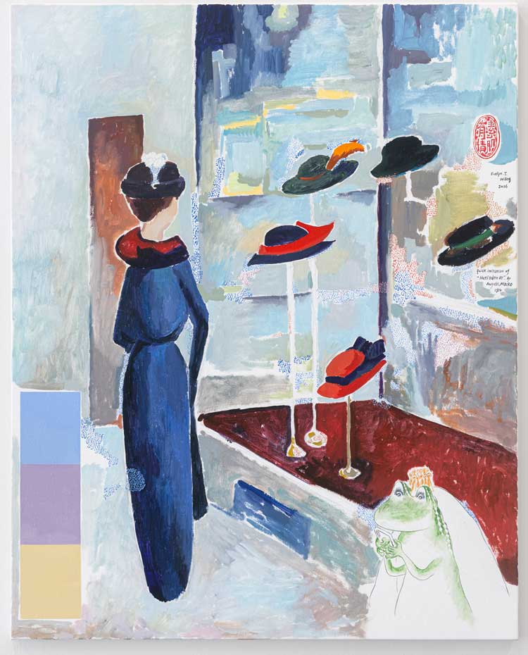 Evelyn Taocheng Wang, Frog Princess Checks her Smartphone in front of Window of August Macke's Hat Shop, 2026. Oil colour, pencil on canvas, 100 x 80 x 2,5 cm. © Evelyn Taocheng Wang, courtesy the artist; Antenna Space, Shanghai; Carlos/Ishikawa, London. Exhibition view, Evelyn Taocheng Wang. Sweet Landscape, Museion, 2026. Photo: Luca Guadagnini.