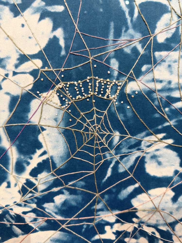 Joscelyn Gardner, With Silent Thread, 2026 (detail). Multi-panel plate lithographs on Somerset and gampi silk tissue, printed by Jill Graham, and hand-embellished with beeswax, embroidery thread and gold leaf. Photo: William Cummins.