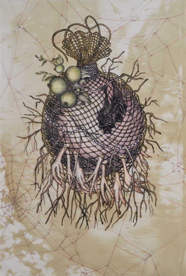 Joscelyn Gardner, Am I a bad girl, Nanny? Cries of Innocence and of Experience, Panel 8B, 2026 (detail) from a folio of 24 hand-embellished stone/plate lithographs on Somerset and gampi silk tissue, printed by Jill Graham, with 12 interleaf digital archival prints on vellum, 22 x 15 in. Variable edition of four. Photo: Paul Lambert.