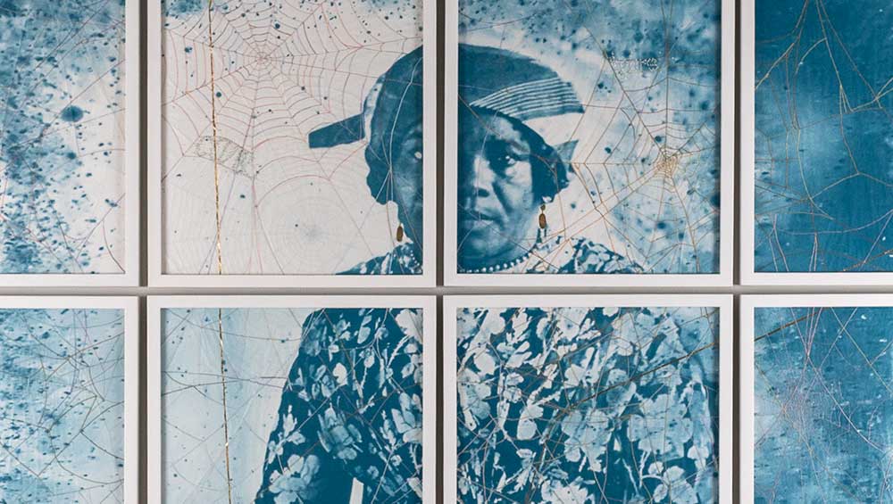 Joscelyn Gardner, With Silent Thread, 2026 (detail). Multi-panel plate lithographs on Somerset and gampi silk tissue, printed by Jill Graham, and hand-embellished with beeswax, embroidery thread and gold leaf. Each panel, 22 x 15 in. Unique. Photo: William Cummins.