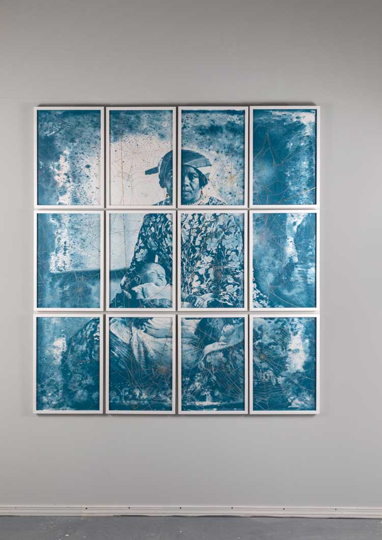 Joscelyn Gardner, With Silent Thread, 2026. Multi-panel plate lithographs on Somerset and gampi silk tissue, printed by Jill Graham, and hand-embellished with beeswax, embroidery thread and gold leaf. Each panel, 22 x 15 in. Unique. Photo: William Cummins.