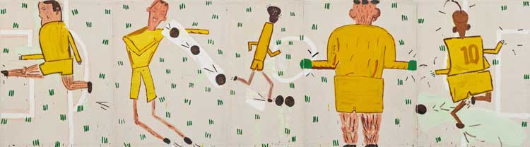 Rose Wylie, Yellow Strip, 2006. Oil on canvas, 186 × 670.7 cm (overall). © Rose Wylie. Courtesy the artist and David Zwirner. Photo: Jack Hems.