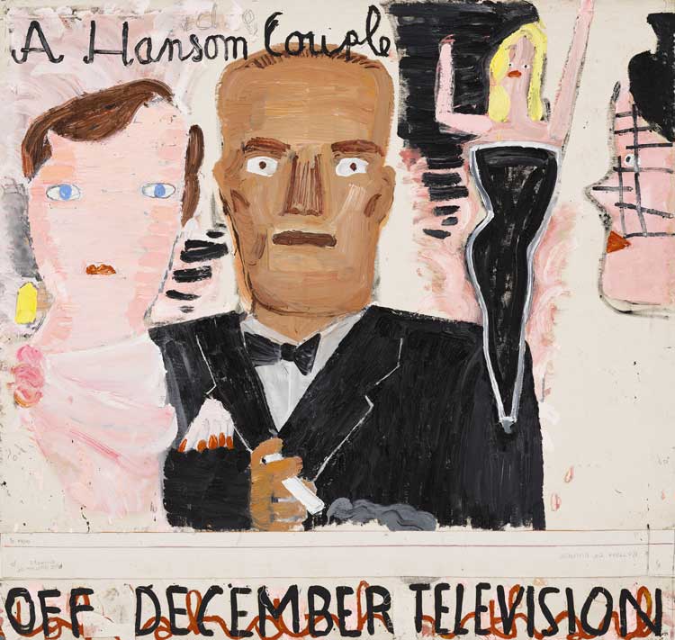 Rose Wylie, A Handsome Couple, 2022. Oil on canvas, 174.5 × 183.5 cm. Courtesy Edwin Oostmeijer.
© Rose Wylie. Courtesy the artist and David Zwirner. Photo: Jack Hems.