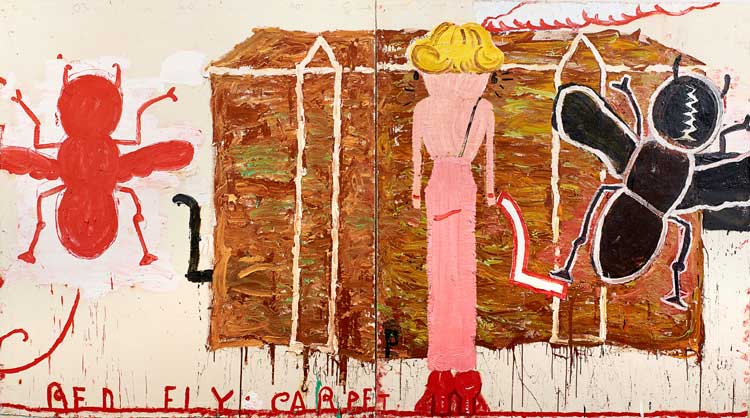 Rose Wylie, Black Strap (Red Fly), 2012. Oil, graphite, marker and collage on canvas, 184.2 × 331.6 cm (overall). Courtesy Charlotte and Philip Colbert. Photo courtesy Jari Lager. Photo: Soon-Hak Kwon. © Rose Wylie.