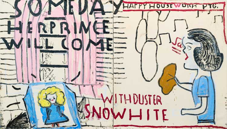 Rose Wylie, Snowwhite (3) with Duster, 2018. Oil on canvas, 183.5 × 320 cm (overall). Private collection. © Rose Wylie. Courtesy the artist and David Zwirner. Photo: Jo Moon Price.