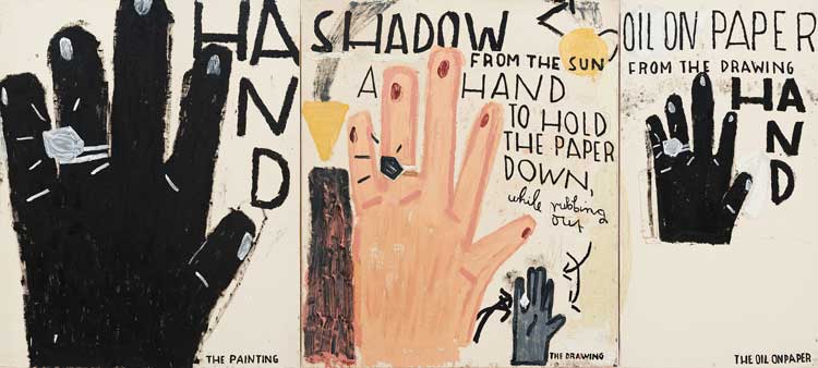 Rose Wylie, HAND, Drawing as Central, 2022
Oil on canvas, 184 × 402 cm (overall). Stedelijk Museum voor Actuele Kunst, Ghent. © Rose Wylie. Courtesy the artist and David Zwirner. Photo: Eva Herzog.