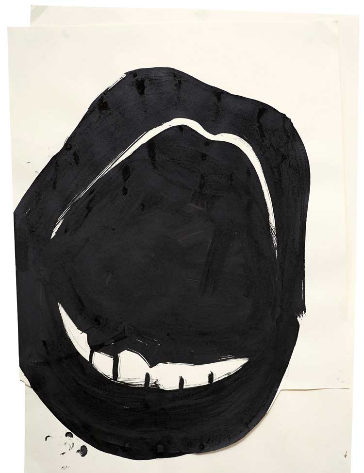 Rose Wylie, Bottom Teeth, Self-Portrait, 2016. Ink and collage on paper, 84 × 63.5 cm. Courtesy Sven Petersen and Holly Frean. © Rose Wylie. Courtesy the artist and David Zwirner