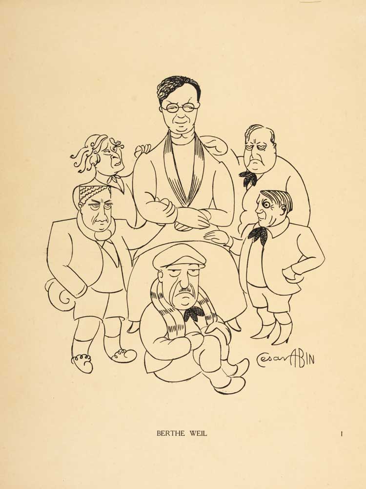 César Abín. Portrait of Berthe Weill Surrounded by Derain, Chagall, Léger, Picasso, and Braque, in Their Faces: 56 Portraits of Contemporary Artists, Critics, and Dealers, with a commentary by Maurice Raynal
Imprimerie Muller et Cie., Paris 18th, 1932. © Marianne Le Morvan Collection – Berthe Weill Archives (gift of Alain Endewelt).