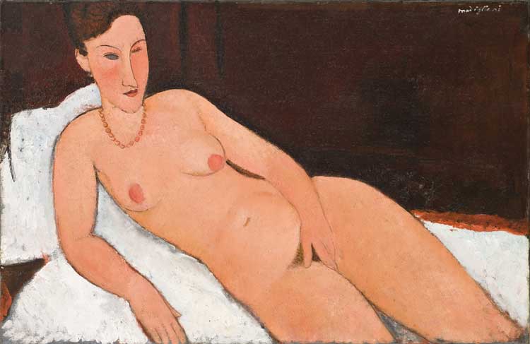 Amedeo Modigliani. Nude with Coral Necklace, 1917. Oil on canvas, 66.5 × 101.1 cm. Oberlin, Allen Memorial Art Museum, Oberlin College, Ohio. Gift of Joseph and Enid Bissett. Photo: © Allen Memorial Art Museum, Oberlin College, Ohio.
