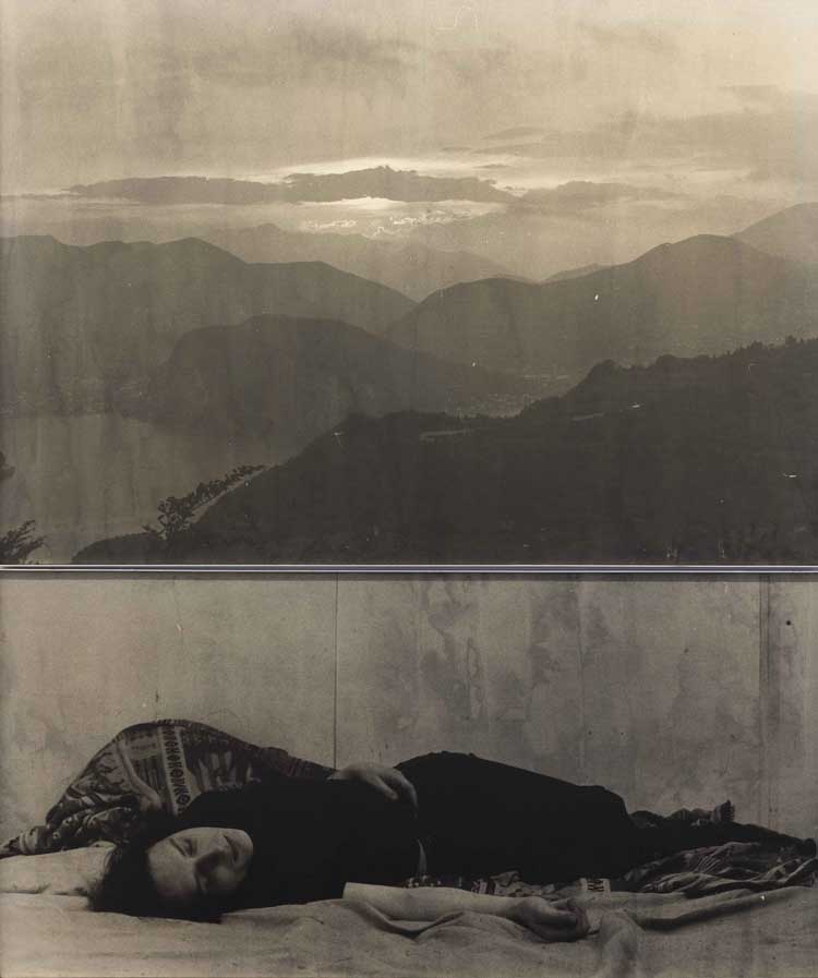 Urs Luthi, Selfportrait with landscape, 1970. Black and white photography on canvas. City of Zurich Art Collection.