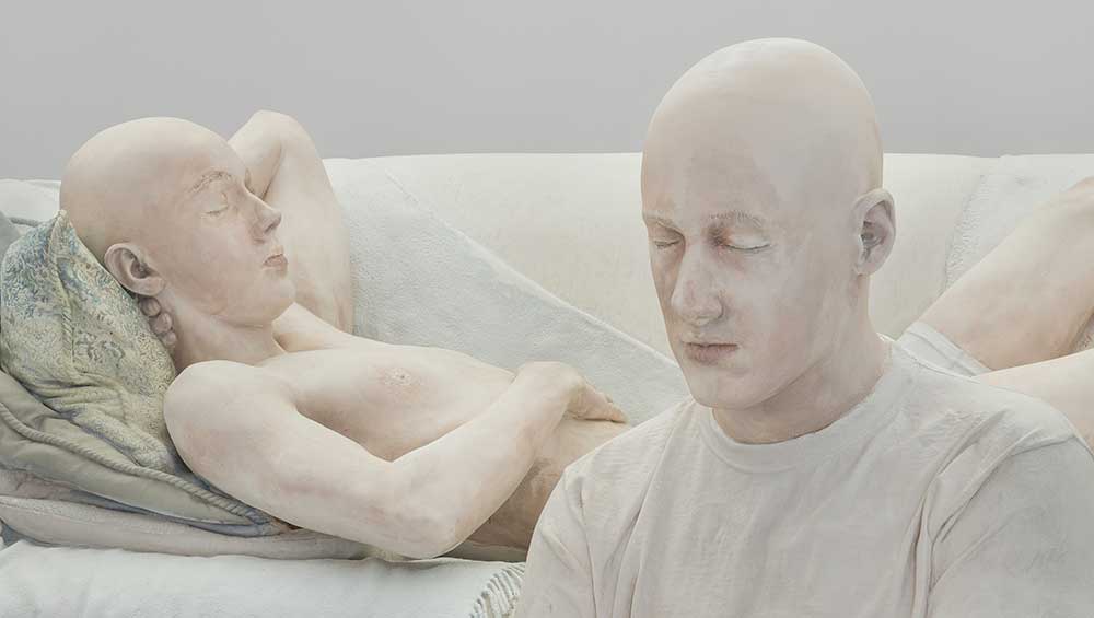 Daphne Wright. Sons and Couch (detail), 2025. Jesmonite, Photo: Jed Niezgoda, Courtesy the artist and Frith Street Gallery, London and Ashmolean Museum, University of Oxford.