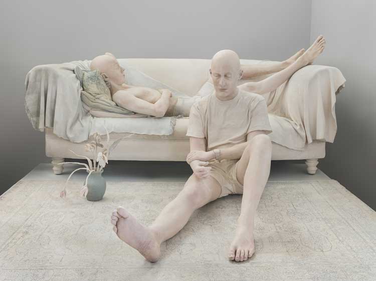 Daphne Wright. Sons and Couch (detail), 2025. Jesmonite, Photo: Jed Niezgoda, Courtesy the artist and Frith Street Gallery, London and Ashmolean Museum, University of Oxford.