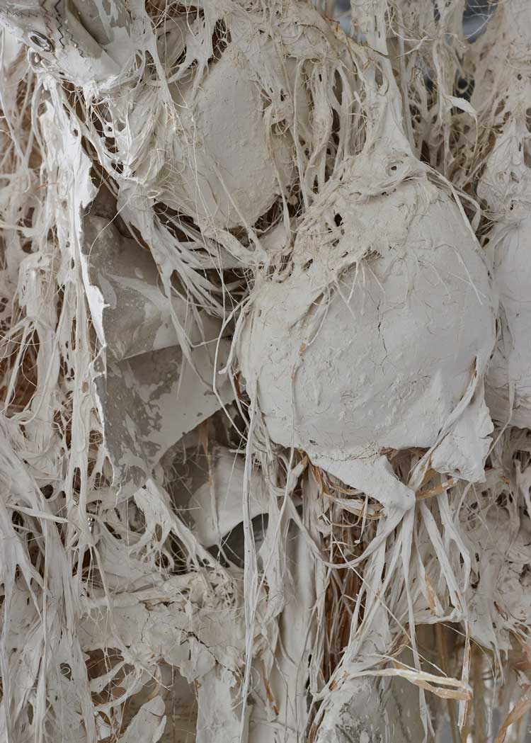 Dominique White, The dethroning of the Human (detail). 2023. Wrought iron, kaolin, destroyed sail, rope, high volatile charcoal. Courtesy the artist and Veda. Photo: Volker Renner.