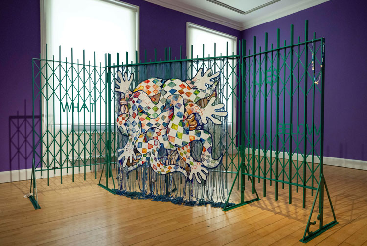 Alberta Whittle, Tapestry woven by Dovecot Studios. Cotton, linen, whaling rope, fishing rope, Venetian trading beads, children's hair clips, manillas, and cowrie shells; steel. National Galleries of Scotland. Purchased with assistance from Lesley Knox 2023. Co-commissioned by Scotland+Venice and Dovecot Studios, Edinburgh.
Photo: Neil Hanna.