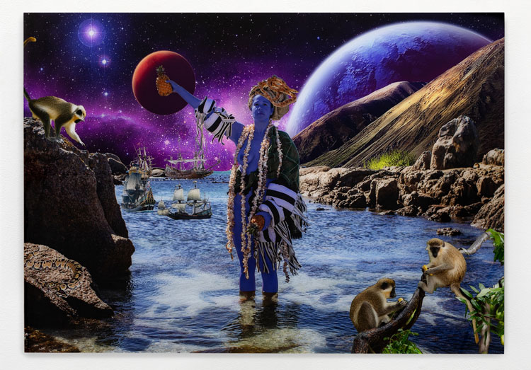 Alberta Whittle, Celestial Meditations V, 2018. C-type digital collage, diasec mounted on aluminium, 86.7 x 122.6 cm (34 1/8 x 48 1/4 in). Courtesy of the artist and The Modern Institute / Toby Webster Ltd., Glasgow. Photo: Patrick Jameson.