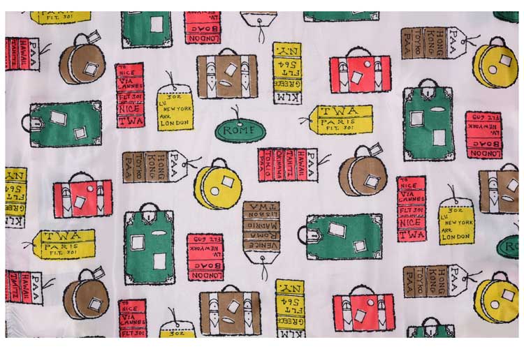 Andy Warhol. Textile of luggage tags and suitcases by Cohama. Blouse, 1958-59. ©v2022 The Andy Warhol Foundation for the Visual Arts, Inc. Licensed by DACS, London.