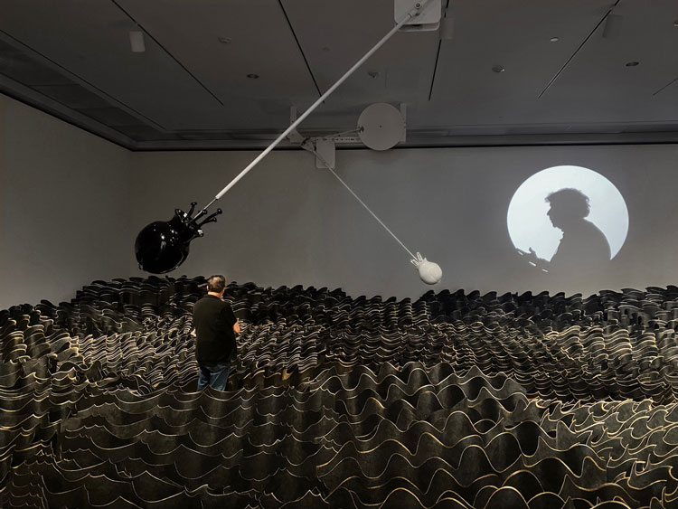 Jennifer Wen Ma, An Inward Sea, 2021. Laser-cut flash spun non-woven HDPE, pigments, glass sculptures, swing mechanisms, video, and audio tracks. Installation view, New Britain Museum of American Art.