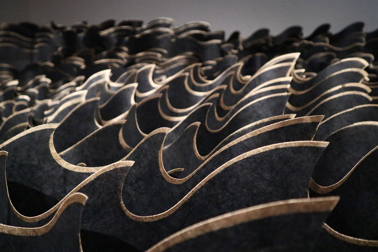 Jennifer Wen Ma, An Inward Sea, 2021. Laser-cut flash spun non-woven HDPE, pigments, glass sculptures, swing mechanisms, video, and audio tracks. Installation view, New Britain Museum of American Art.