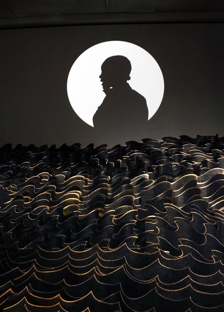 Jennifer Wen Ma, An Inward Sea, 2021. Laser-cut flash spun non-woven HDPE, pigments, glass sculptures, swing mechanisms, video, and audio tracks. Installation view, New Britain Museum of American Art.