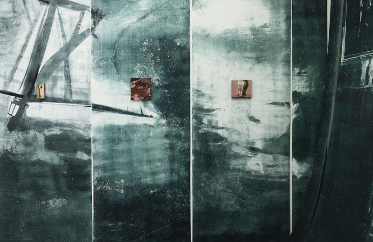 Eleanor May Watson. Indoor Silences. Distant Noise. Monoprint on Japanese paper and oil on wood, 2019. Installation view. © the artist.