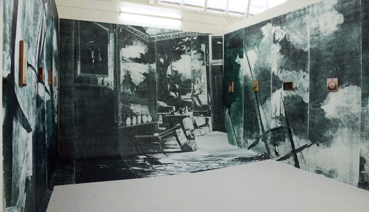 Eleanor May Watson. Indoor Silences. Distant Noise. Monoprint on Japanese paper and oil on wood, 2019. Installation view. © the artist.