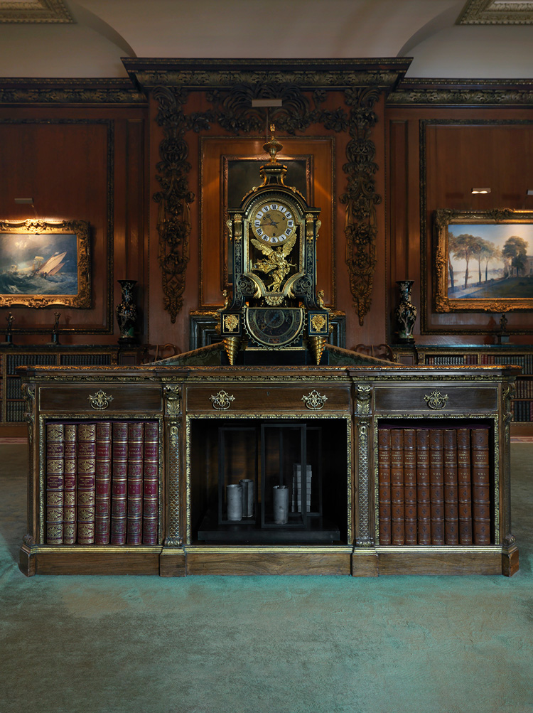 Edmund de Waal, an alchemy, 2019. Porcelain, steel, gold, and plexiglass, on view in the Library, 18 1/8 × 21 5/8 × 16 9/16 in. © Edmund de Waal. Courtesy the artist and The Frick Collection. Photo: Christopher Burke.