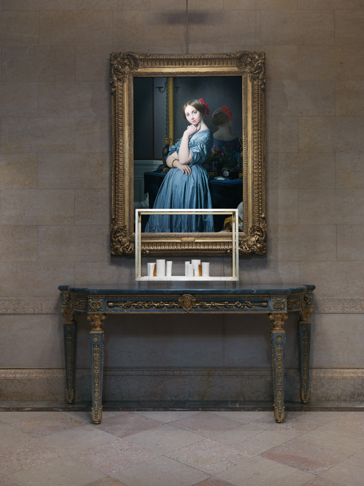Edmund de Waal, that pause of space, 2019. Porcelain, gold, alabaster, aluminum, and plexiglass, on view in the North Hall, 22 13/16 × 29 15/16 × 11 in. © Edmund de Waal. Courtesy the artist and The Frick Collection. Photo: Christopher Burke.