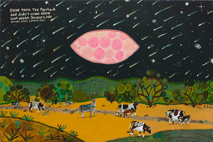 Esther Pearl Watson. Gene didn’t come home last night, 2019. Acrylic and glitter on panel, 101.6 x 152.4 cm. © Esther Pearl Watson, courtesy Maureen Paley, London.