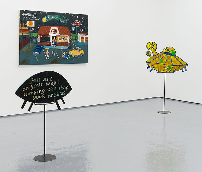 Esther Pearl Watson. Due to Transportation, 2019. Acrylic, collage and glitter on canvas, 91.4 x 91.4 cm. © Esther Pearl Watson, courtesy Maureen Paley, London.
