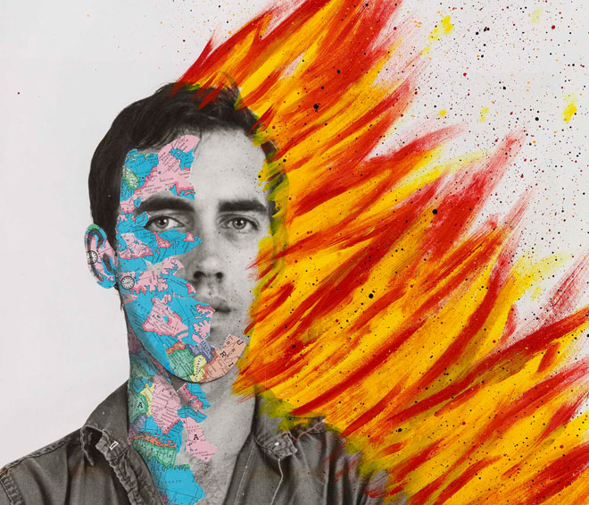 David Wojnarowicz with Tom Warren, Self-Portrait of David Wojnarowicz, 1983–84. Acrylic and collaged paper on gelatin silver print, 152.4 × 101.6 cm. Collection of Brooke Garber Neidich and Daniel Neidich. Photograph courtesy Museo Reina Sofia.