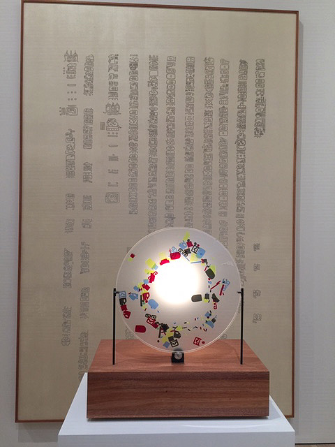 Gala Porras-Kim, La Mojarra Stela incidental conjugations, 2019 (foreground). Installation view, Whitney Biennial 2019. Photo: Jill Spalding.