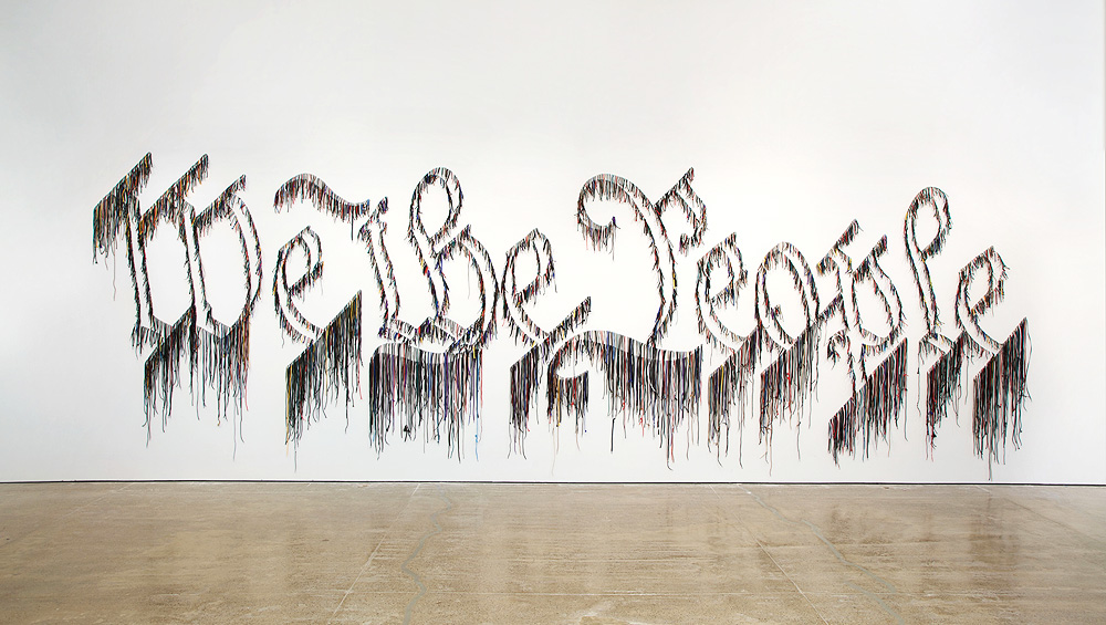 Nari Ward. We the People, 2011. Shoelaces, 96 x 324 in (243.8 × 594.4 cm). In collaboration with the Fabric Workshop and Museum, Philadelphia. Collection Speed Art Museum, Louisville, KY; Gift of the Speed Contemporary, 2016.1. © The Speed Art Museum, Louisville, KY.