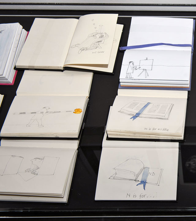 Installation view, showing a selection of Nick Wadley’s sketchbooks, from Nick Wadley in Gdansk, CCA Laznia, Gdansk, Poland. Photo: Paweł Jozwiak.