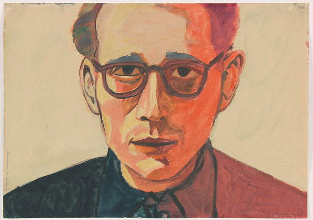 Andrzej Wróblewski. (Self-Portrait in Red), undated. Watercolour and gouache on paper, 29.5 x 41.7 cm. Private Collection. © Andrzej Wróblewski Foundation.