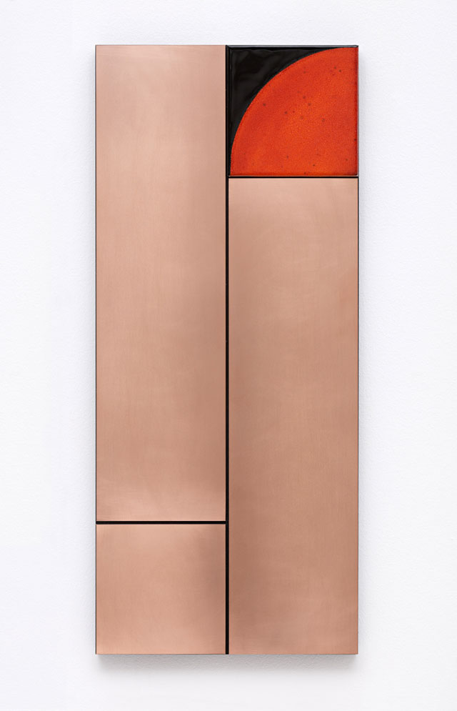 Claudia Wieser. Untitled, 2017. Copper and ceramic on MDF, 27 3/4 x 12 1/8 x 1 1/8 in (70.5 x 30.8 x 2.9 cm). Courtesy of the artist and Marianne Boesky Gallery, New York and Aspen. © Claudia Wieser. Photograph: Object Studies.