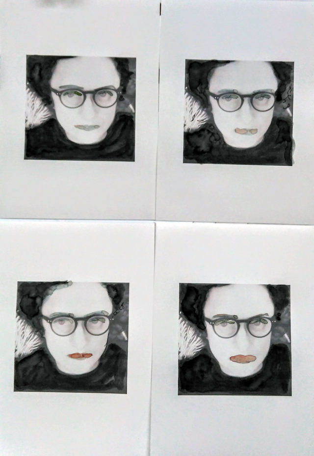 Lisa Gornick. 4 of me by me, 2018-01-09. Photo print on cartridge paper with watercolour and ink, four x A4. © the artist. © the artist.