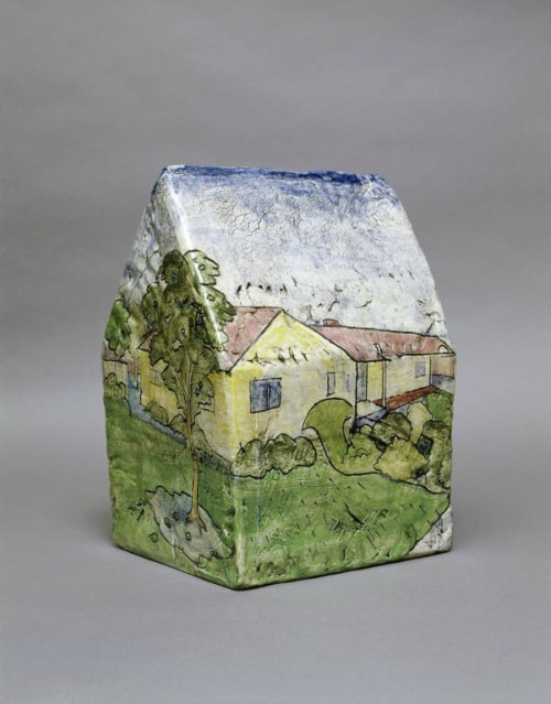 Robert Arneson. Box House Landscape with a View of Alice and "L", 1966. Polychrome earthenware; hand built, glazed, underglaze painted. Photograph: Sheldon Comfort Collins.