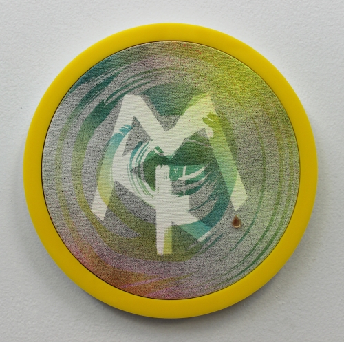 Wendy White. MCF II, 2014. Acrylic on canvas, plexiglas and PVC frame, gold, mirror, 9 in diameter.