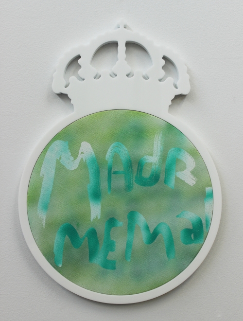 Wendy White. Madrid Me Mata, 2014. Acrylic on canvas, plexiglas and PVC frame, 18.25 x 13 in (46.4 x 33 cm).