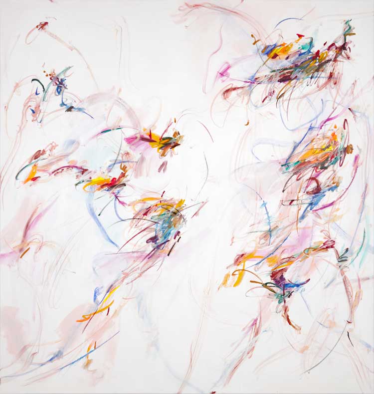 Xiyao Wang, The lake i flew over no.5, 2022. Acrylic, oil stick on canvas, 200 × 190 cm (78 3/4 × 74 3/4 in). Image courtesy of the artist and MASSIMODECARLO.