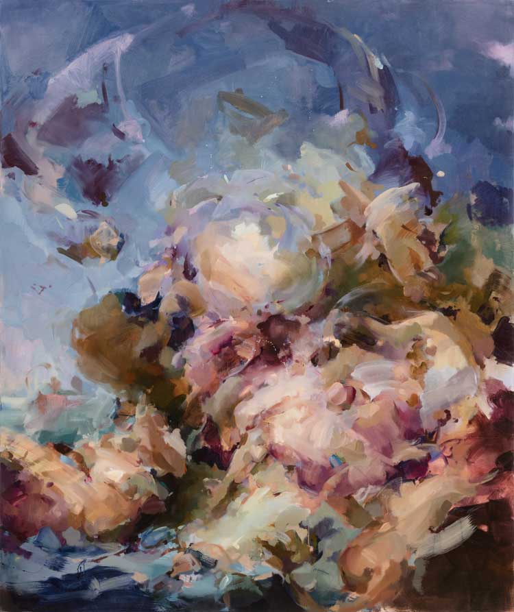 Flora Yukhnovich. Bombshell, 2021. Oil on linen, 220 x 185.5 cm (86 5/8 x 73 1/8 in). © Flora Yukhnovich. Courtesy the artist, Victoria Miro and Hauser & Wirth.