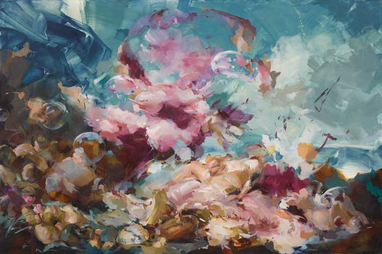 Flora Yukhnovich. Maybe She’s Born with It, 2022. Oil on linen, 220 x 330 cm (86 5/8 x 129 7/8 in). © Flora Yukhnovich. Courtesy the artist, Victoria Miro and Hauser & Wirth.