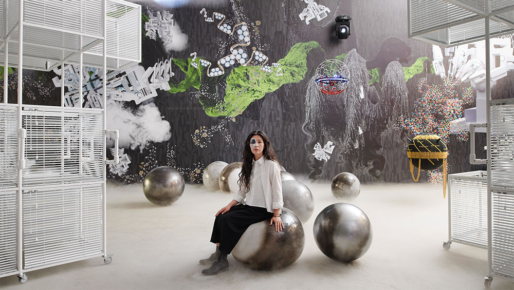 Haegue Yang in her exhibition When The Year 2000 Comes at Kukje Gallery, Seoul, 2019 © Haegue Yang, courtesy Kukje Gallery, Seoul. Photo: Chunho An.